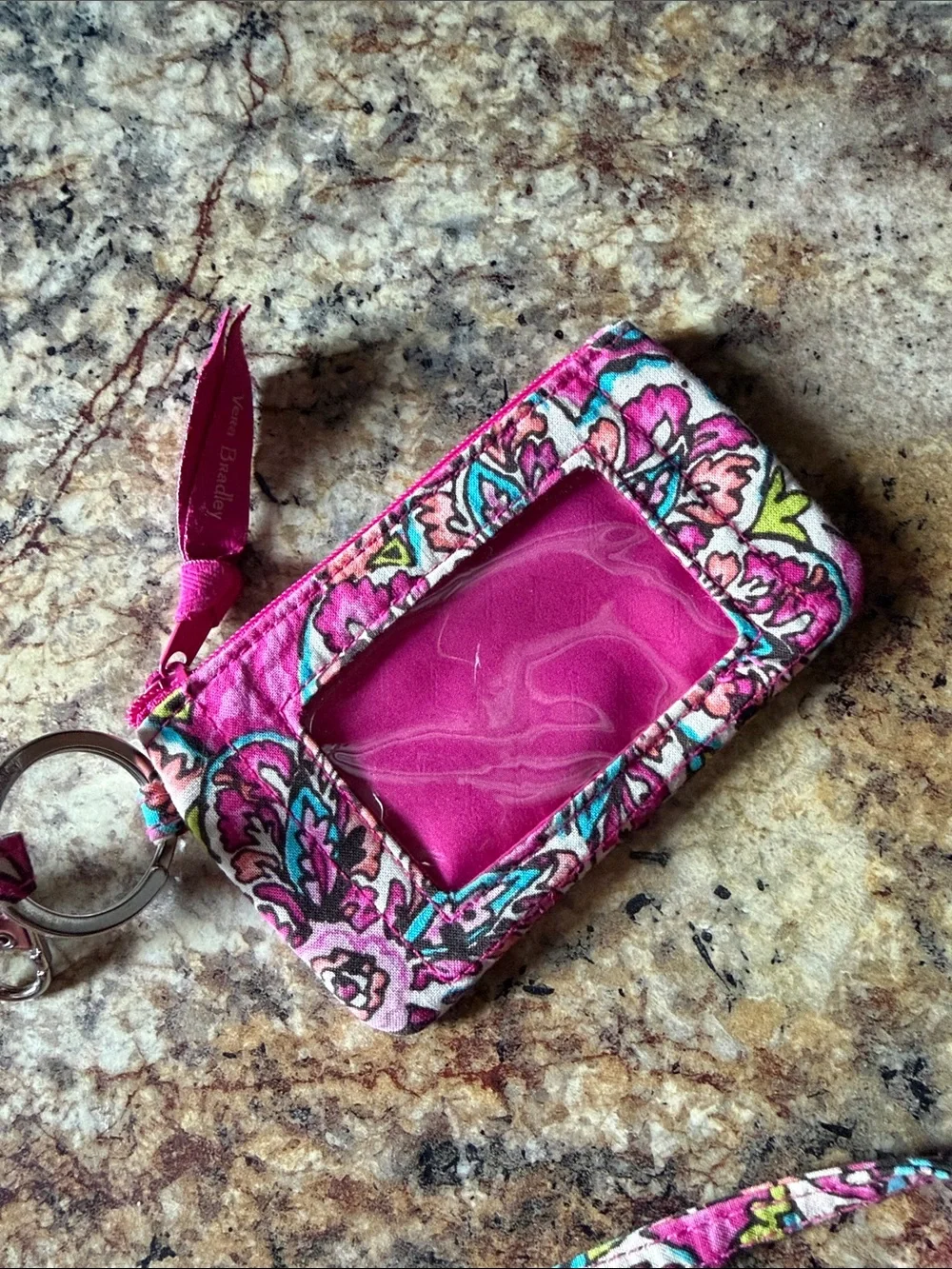 Vera Bradley Pink Floral Lanyard ID Holder with Key Ring